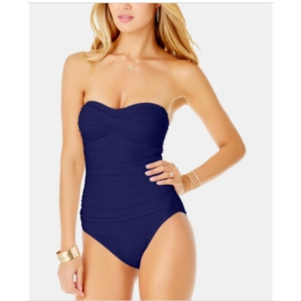 Anne Cole Strapless Navy Blue Shirred Bandeau One Piece Swimsuit Size 12